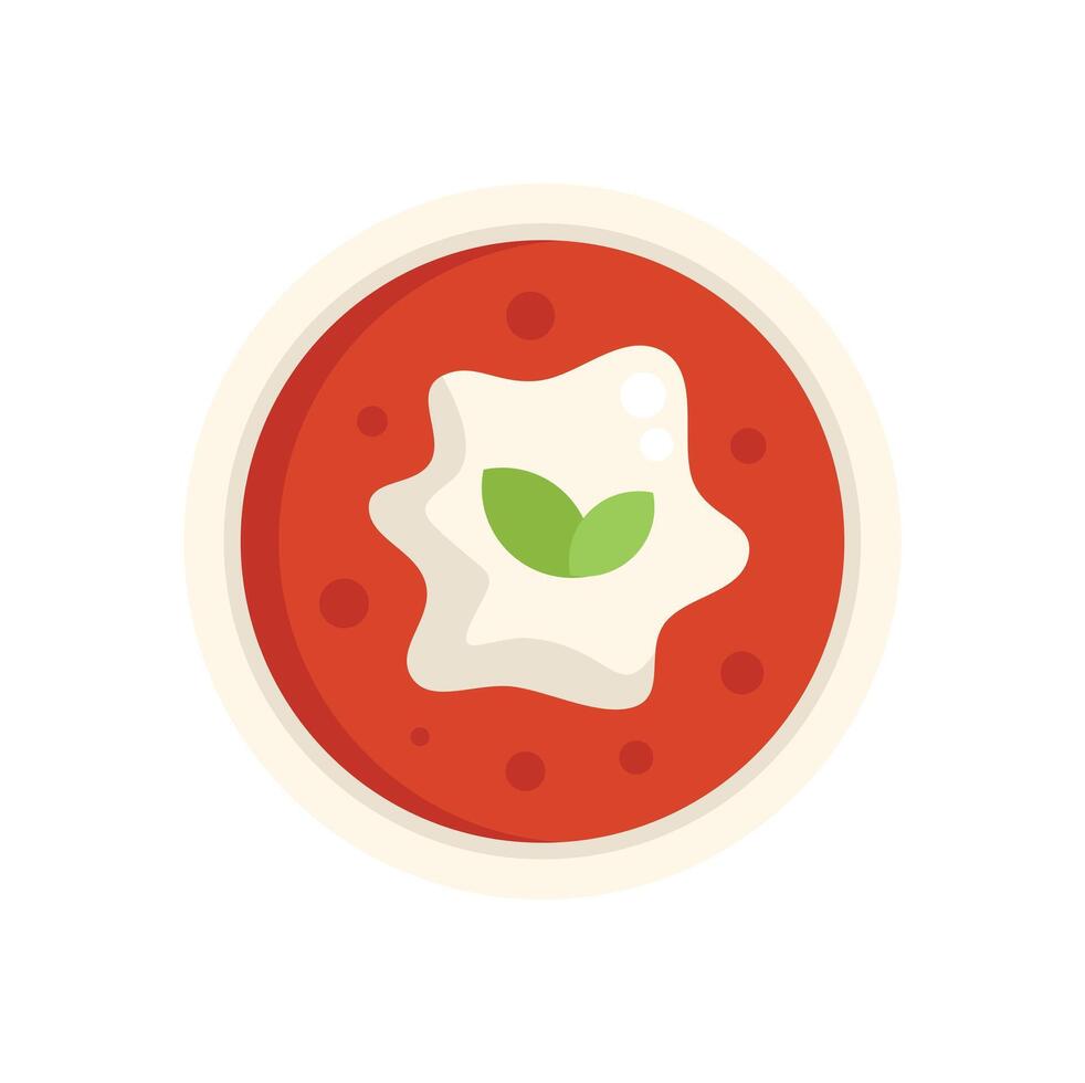 Tomato soup garnished with cream and basil flat icon vector