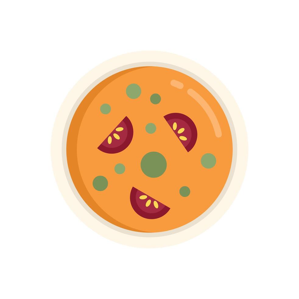 Bowl of tomato soup with tomatoes and peas on white background vector