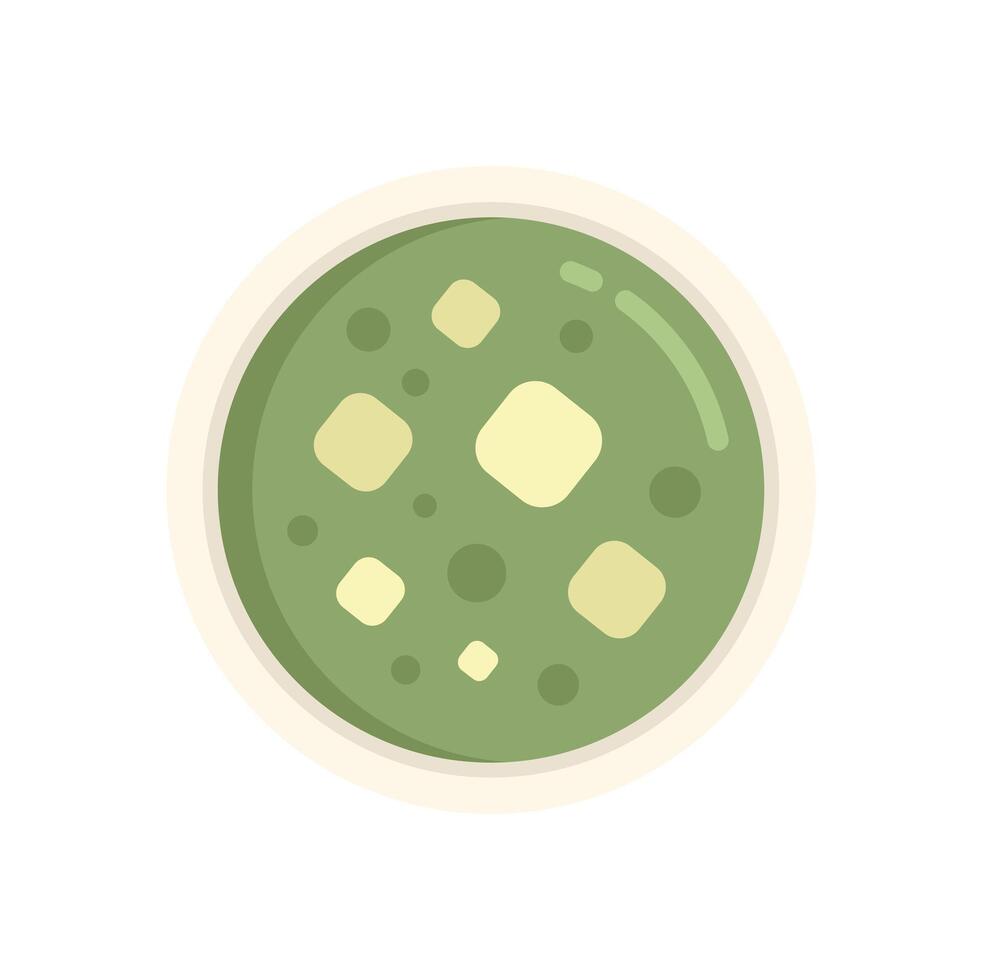Green cream soup with croutons in bowl appetising top view vector illustration