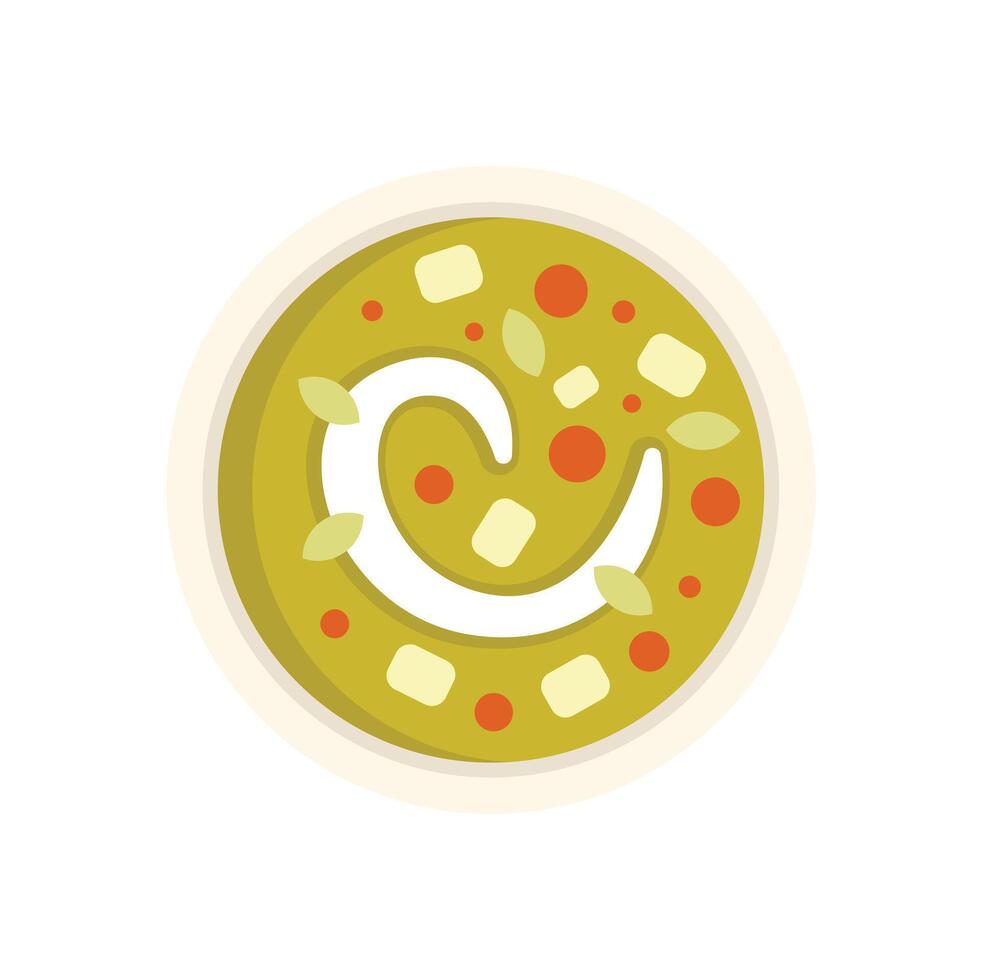 Bowl of hot soup with vegetables and swirl of cream being served for dinner vector