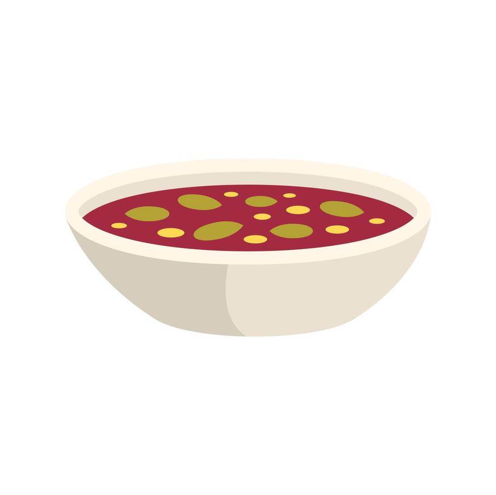 White bowl being filled with hearty red soup with herbs vector