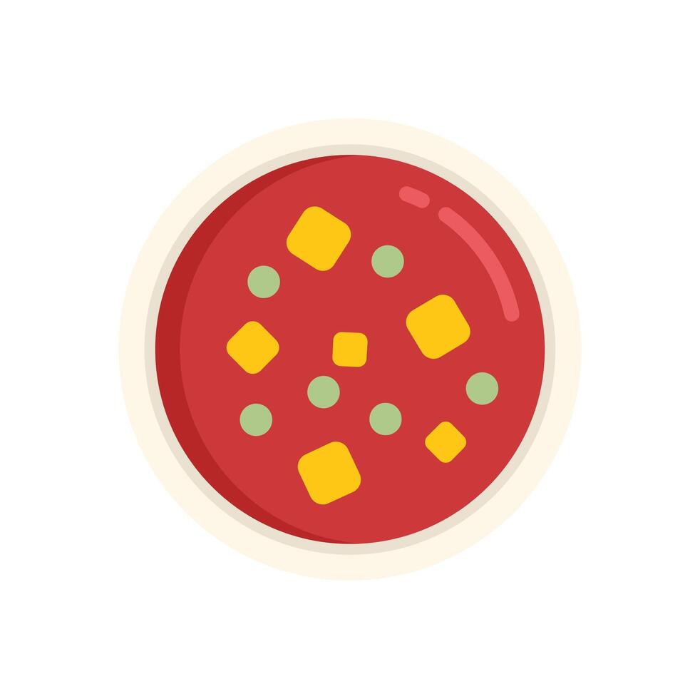 Tomato soup with cheese and peas in white bowl vector