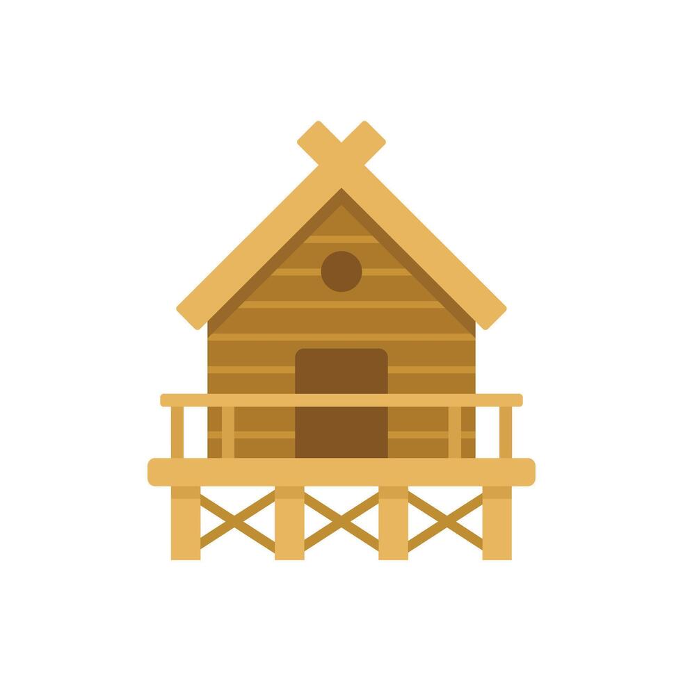 Wooden hut standing on stilts over water with terrace and crossed beams on roof vector