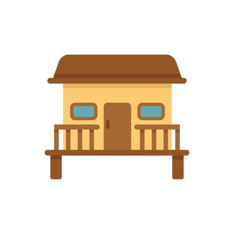 Wooden bungalow with porch featuring brown roof and windows on stilts vector