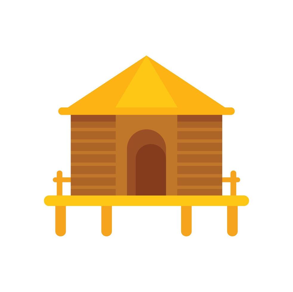 Wooden bungalow standing on stilts over water with arched doorway vector