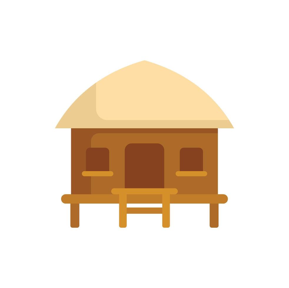 Wooden bungalow with thatched roof standing on stilts over white background vector