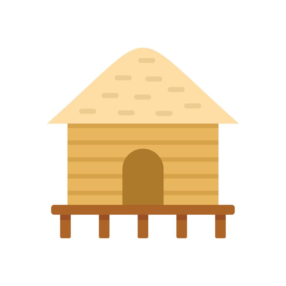 Simple icon of a tropical bungalow with a thatched roof standing on stilts over water vector