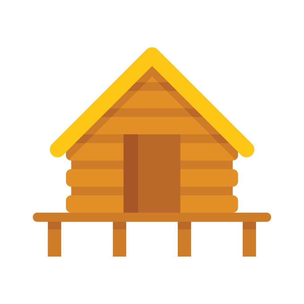 Wooden hut standing on stilts over water with yellow roof in flat design style vector