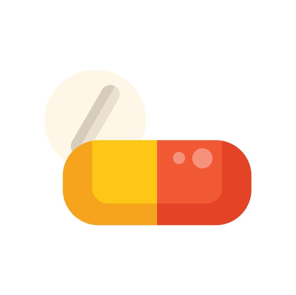 Red and yellow pill being cut in half with tablet above vector