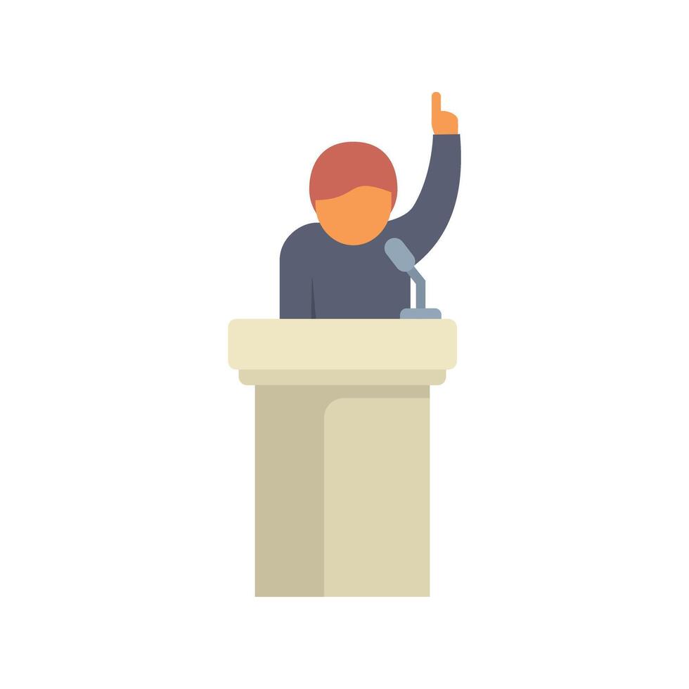 Politician speaking to crowd using microphone raising his finger while standing at tribune vector