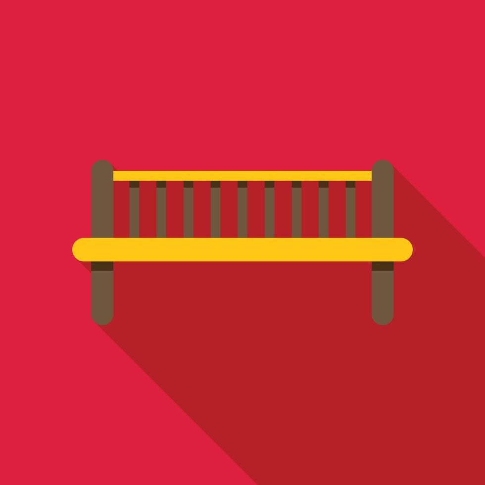 Yellow bench with wooden backrest casting long shadow on red background vector