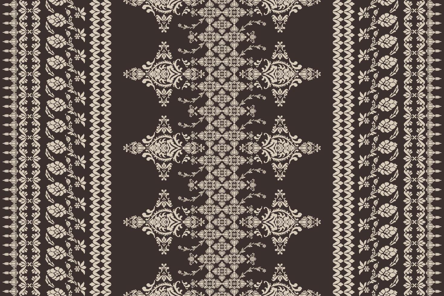 Ethnic ikat floral Ethnic Indian Pattern Ikat pattern Ethnic Pattern.Border indian floral Aztec embroidery border seamless patterns on dark brwon background. vector