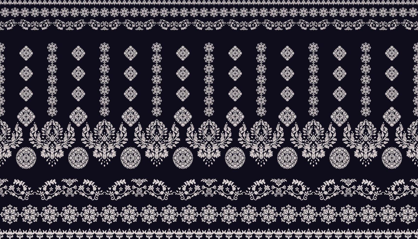 Ikat pattern Ethnic Pattern.Border indian floral Aztec embroidery border. white motifs on dark navy background. vector