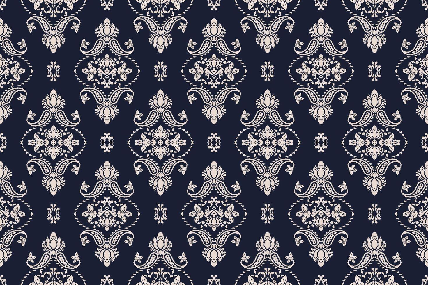 Motifs African boho paisley diamond Ikat pattern embroidery damask. Ethnic ikat floral.Ethnic Indian Pattern on dark navy background. vector
