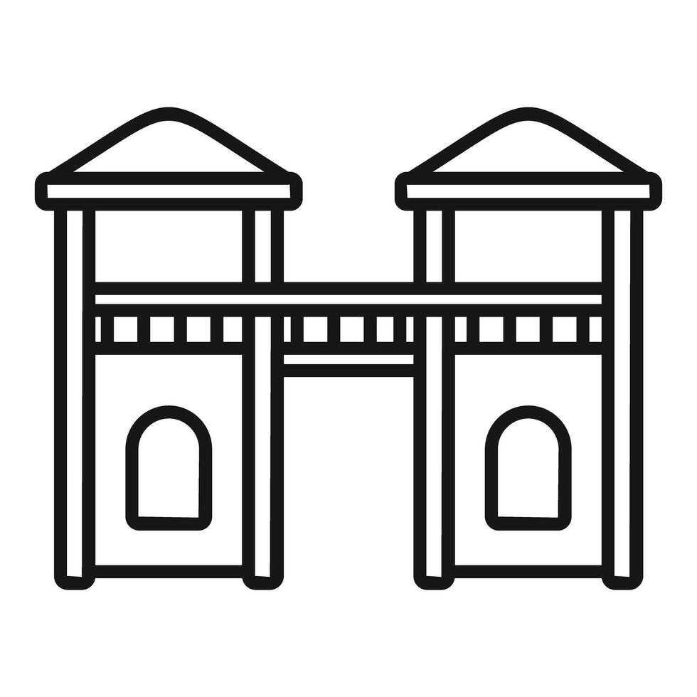 Double tower wooden playground structure connecting with bridge outline vector