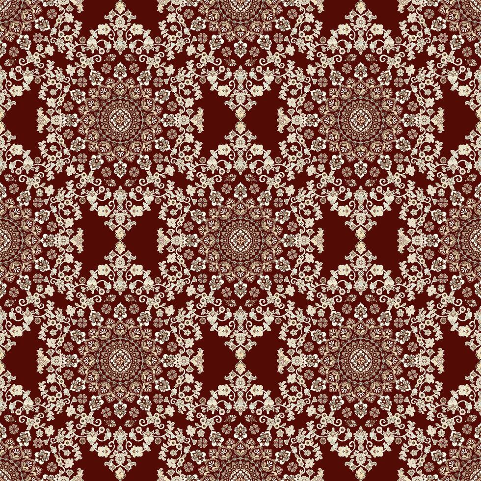 Floral Ikat pattern embroidery damask. Ethnic ikat floral Ethnic Indian Pattern Ikat pattern on dark red background. vector