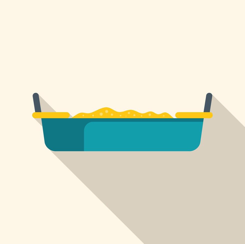 Blue plastic sandbox filled with sand with shovels on a long shadow background vector