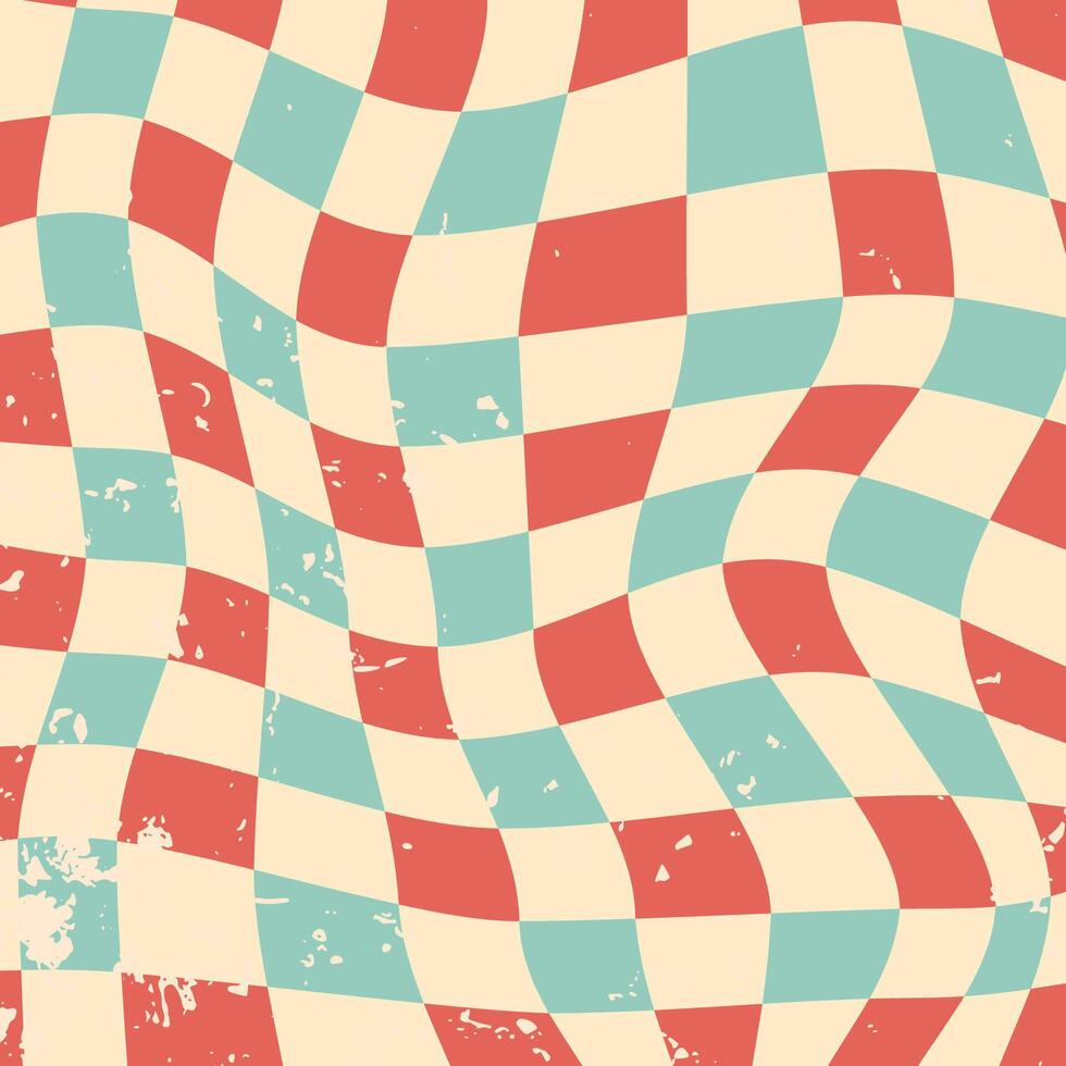 Checkerboard background with a groovy style with retro colors and distorted squares vector