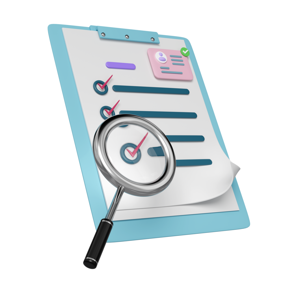 3d Id card with checklist paper, magnifying glass, clipboard isolated. recruitment staff, human resources, job search, job application concept, 3d render illustration png