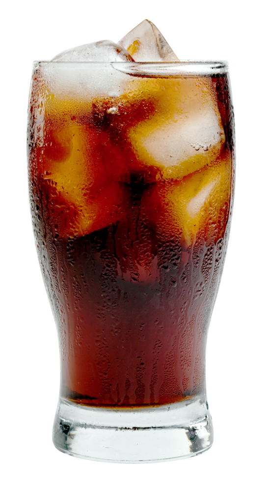 cola water and ice cubes in glass transparent isolated png