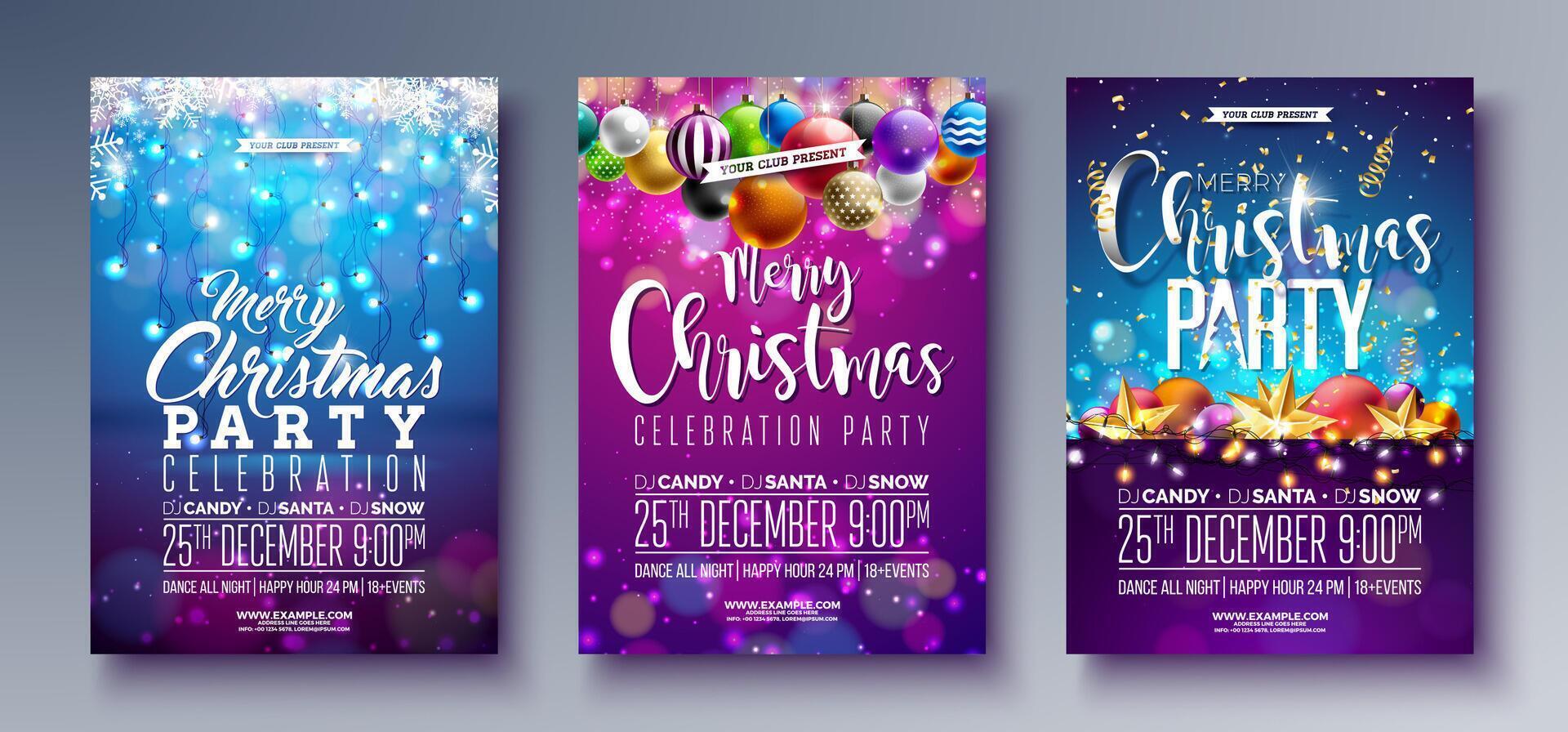 Merry Christmas Party Flyer Design with Ornamental Glass Ball and Light Garland on Shiny Background. Holiday Season Celebration Poster Illustration Set with Typography Letter for Greeting Card vector