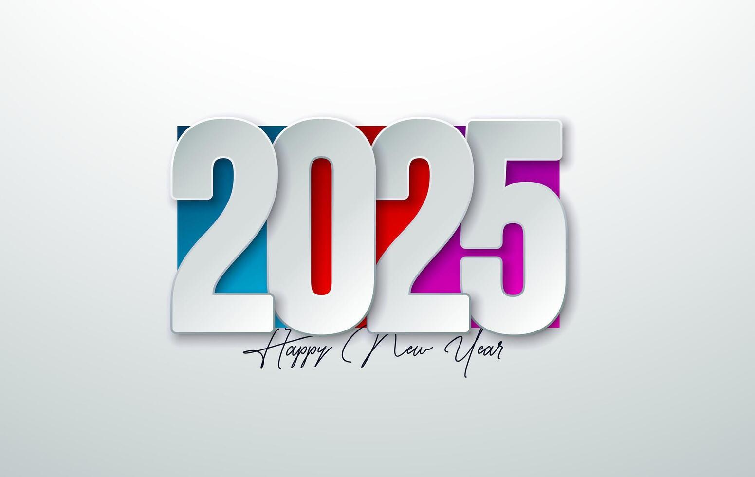 Happy New Year 2025 Illustration with Colorful Typography Lettering on White Background. Holiday Design for Flyer, Banner, Greeting Card, Celebration Poster, Party Invitation, Calendar and Social vector