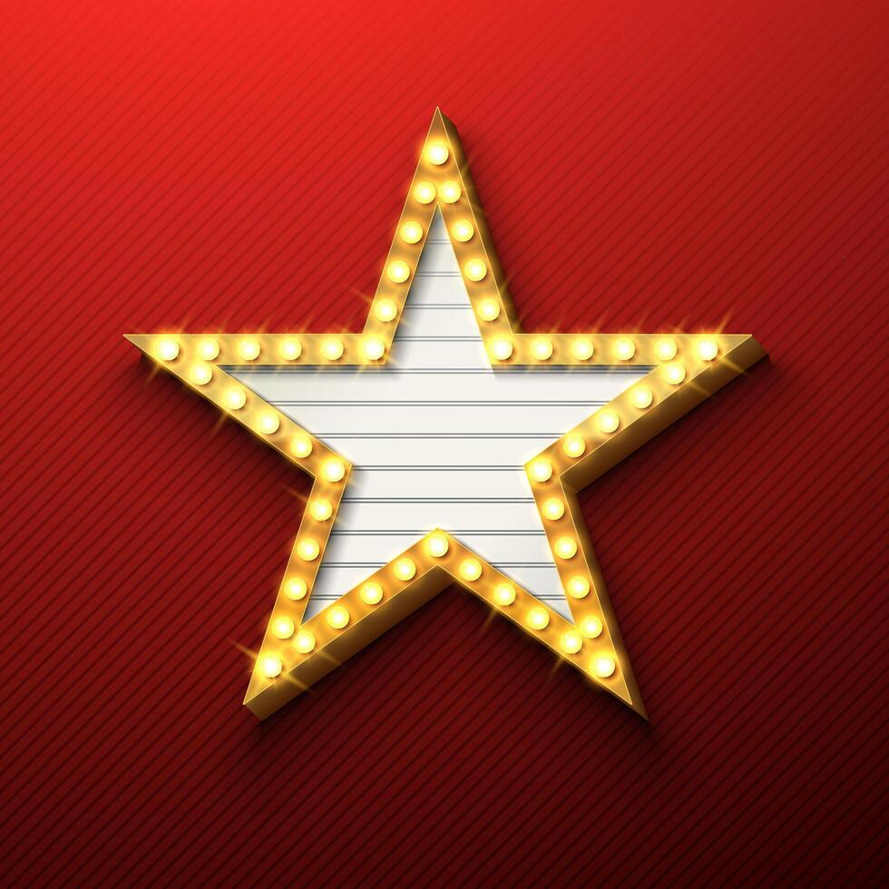 Retro Star Signboard or Lightbox Illustration with Customizable Design on Red Background. Light Banner or Vintage Bright Light Bulb Frame Billboard for Advertising, Show, Night Events, Cinema vector