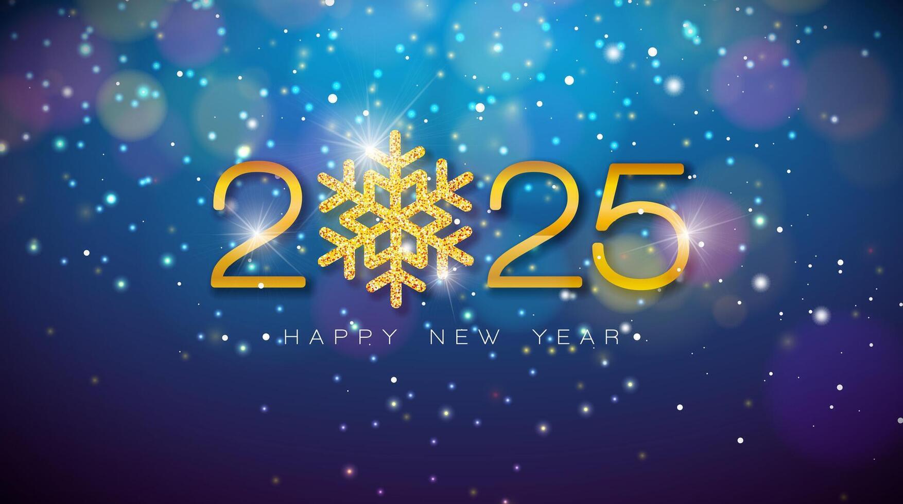 2025 Happy New Year Illustration with Golden Typography Lettering and Glittered Snowflake on Shiny Blue Background. Winter Holiday Design for Flyer, Banner, Greeting Card, Celebration Poster, Party vector