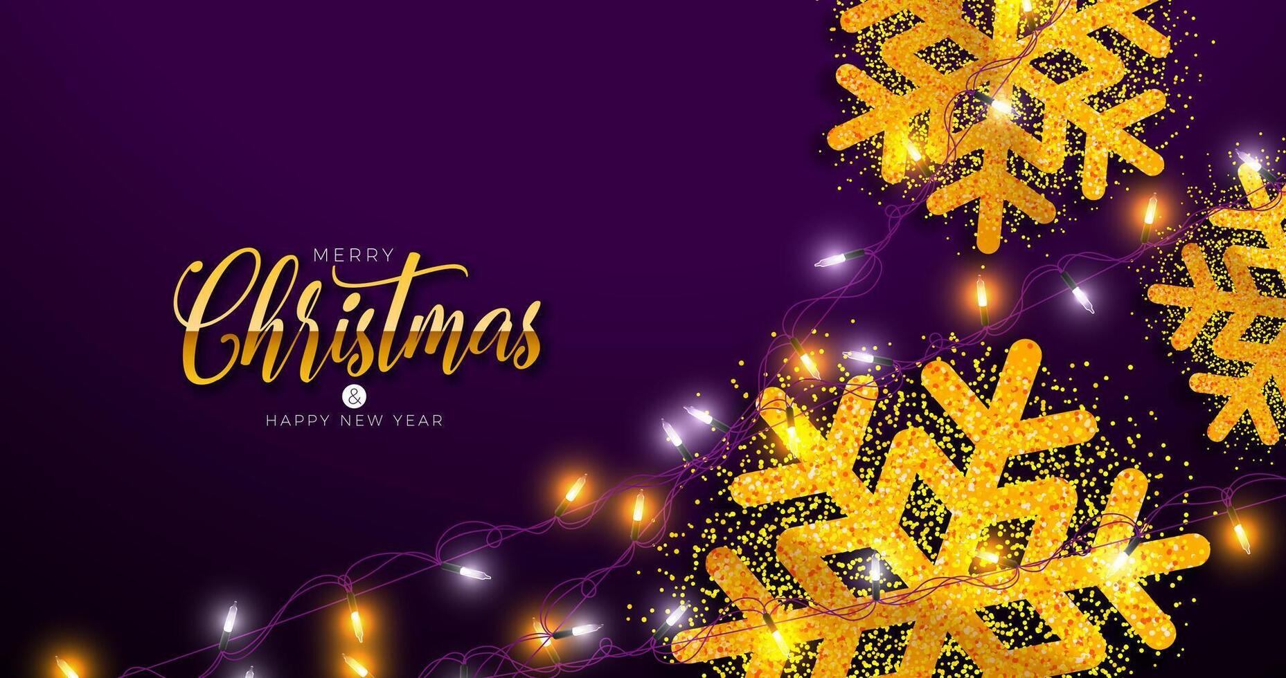 Merry Christmas and Happy New Year Illustration with Gold Glittered Snowflake and Lights Garlands on Dark Background. Holiday Season Design for Greeting Card, Party Invitation or Promo Banner. vector