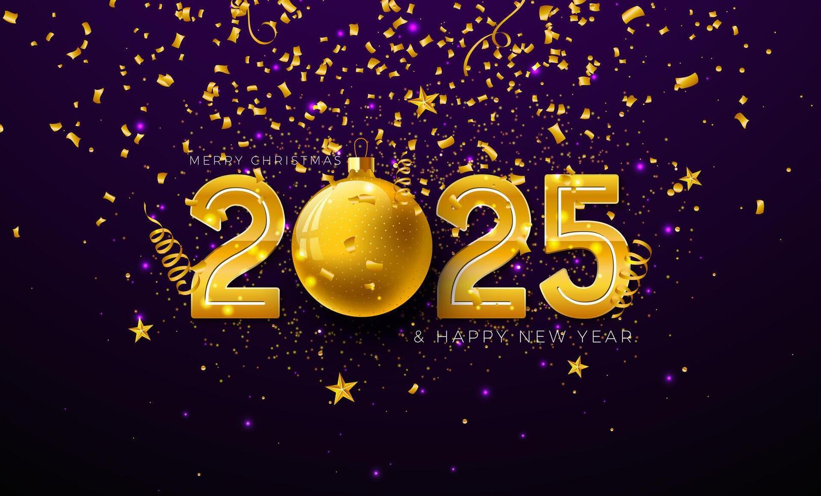 2025 Happy New Year Illustration with Gold Number, Christmas Ball and Falling Confetti on Dark Violet Background. Holiday Design with Typography Lettering for Flyer, Greeting Card, Banner, Celebration vector