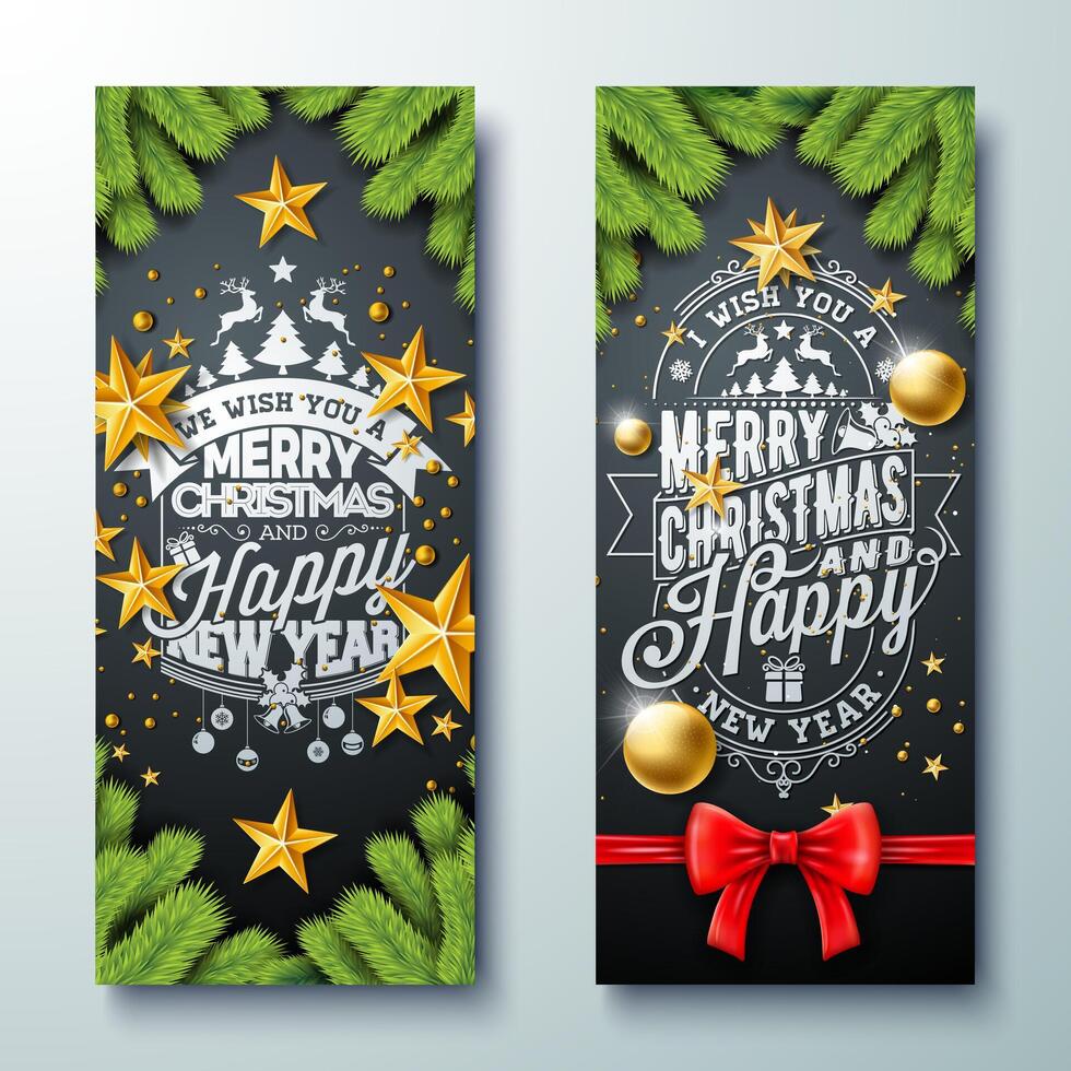 Merry Christmas and Happy New Year Banner Design Set with Gold Glass Ball, Star and Fir Branch on Black Background. Holiday Season Illustration for Greeting Card, Party Flyer, Celebration vector