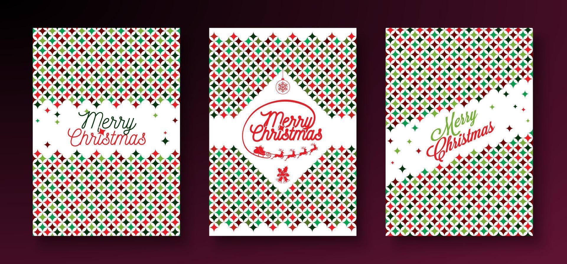 Merry Christmas and Happy New Year Greeting Card Design Set with Red and Green Color Pattern and Typography Letter on White Background. Holiday Season Illustration for Banner, Party Flyer vector