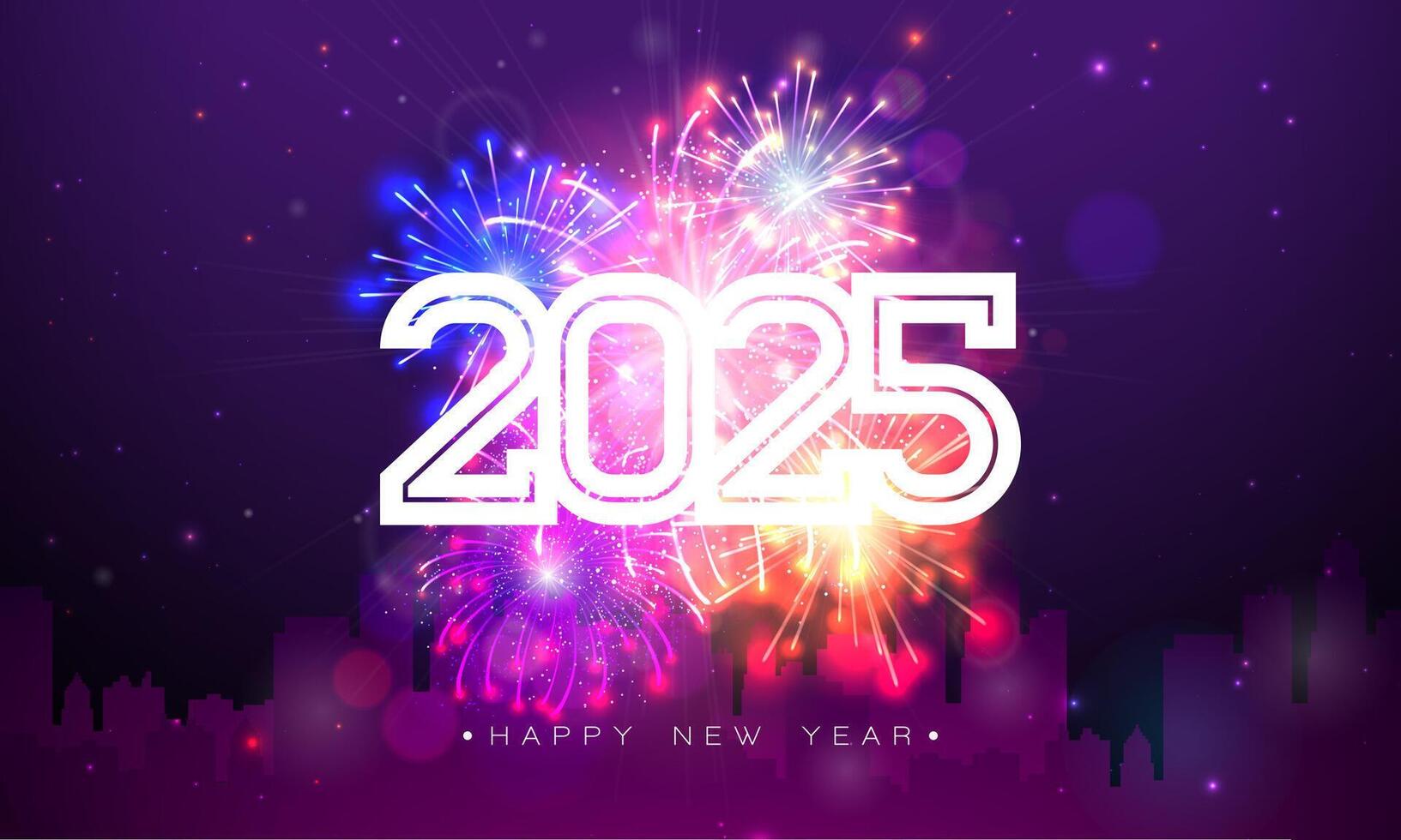 2025 Happy New Year Illustration with White Number and Fireworks on Night Blue Background. Holiday Design with Typography Lettering for Flyer, Greeting Card, Banner, Celebration Poster, Party vector