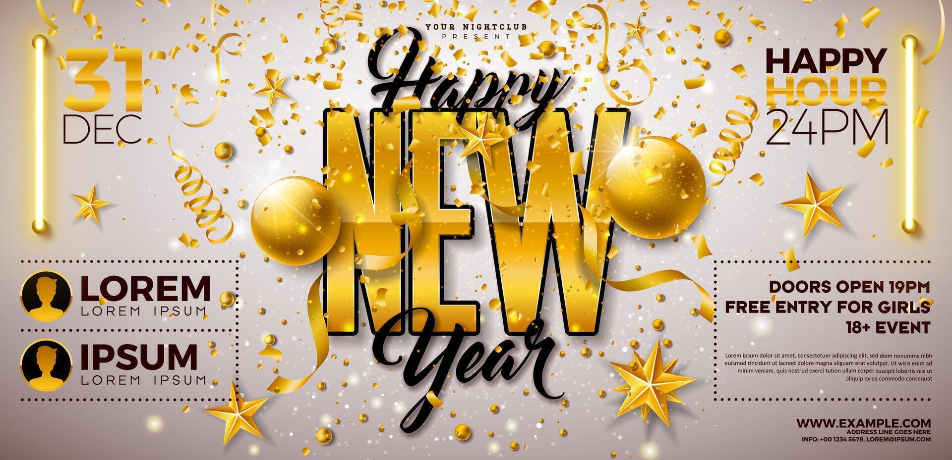 Happy New Year 2025 Party Celebration Banner Template Illustration with Golden Typography Lettering on White Background. New Year Eve Holiday Design. Premium Invitation Flyer or Promo Poster. vector