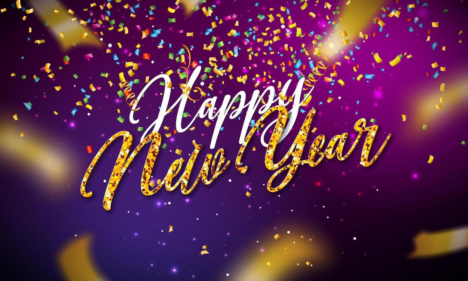 Happy New Year 2025 Banner Illustration with Gold Glittered Typography Lettering on Falling Confetti Background. Christmas Holiday Design for Flyer, Greeting Card, Celebration Poster, Party invitation vector