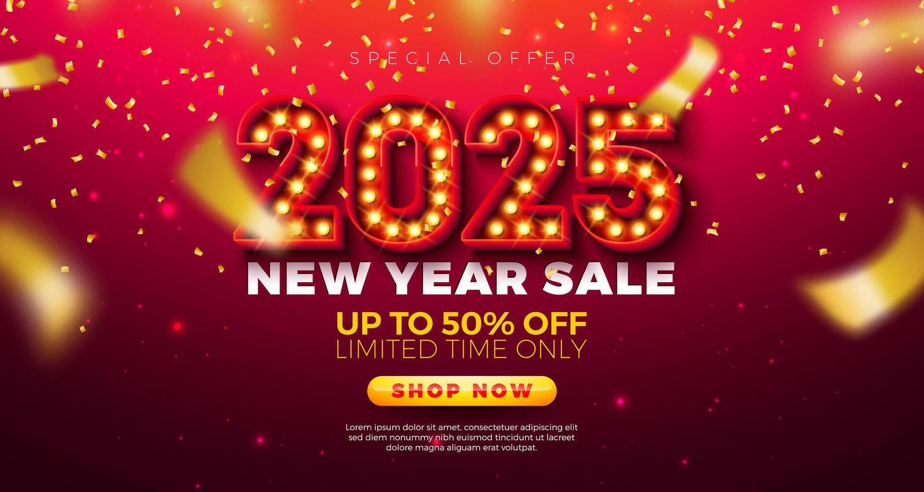 Happy New Year Sale 2025 Design with 3d Glowing Light Bulb Billboard Typography Lettering and Falling Confetti on Red Background. Holiday Special Offer Campaign Discount Illustration for Coupon vector
