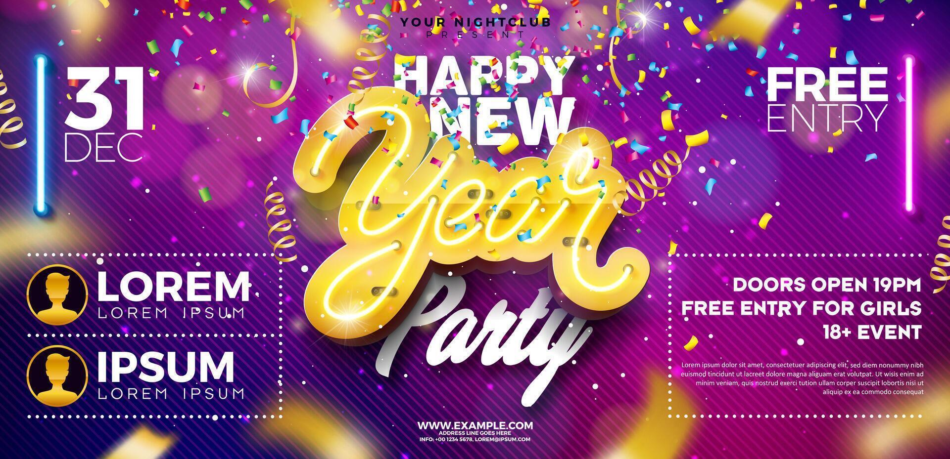Happy New Year 2025 Party Flyer Template Illustration with Glowing Neon Light Typography Lettering and Christmas Ball on Falling Confetti Background. New Year Eve Holiday Celebration Flyer vector