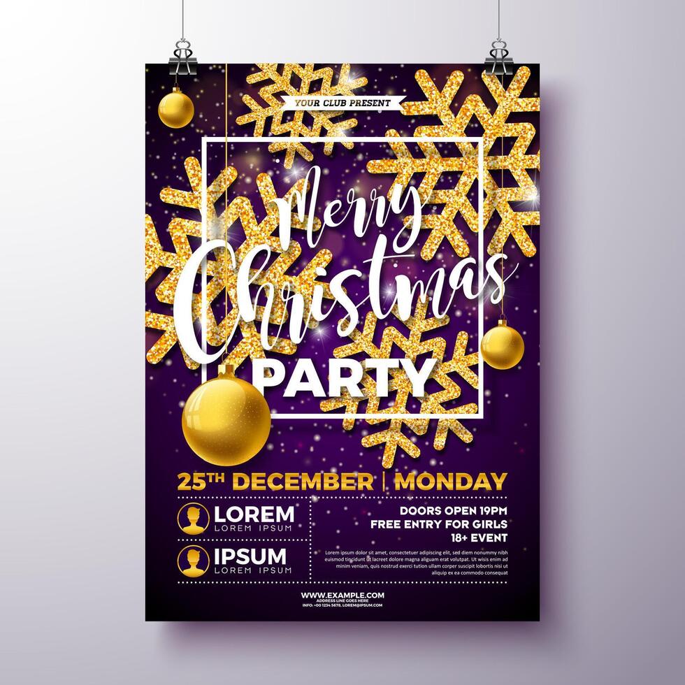 Merry Christmas Party Flyer Design with Ornamental Glass Ball and Glittered Snowflake on Shiny Background. Holiday Season Celebration Poster Illustration with Typography Letter for Greeting vector