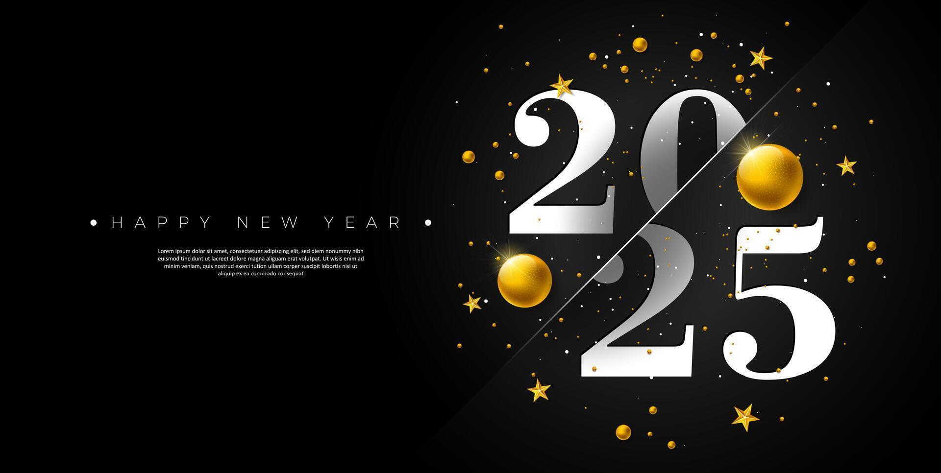 Happy New Year 2025 Banner Illustration with Number and Gold Christmas Ball on Black Background. Holiday Design with Typography Lettering for Flyer, Greeting Card, Celebration Poster, Party invitation vector