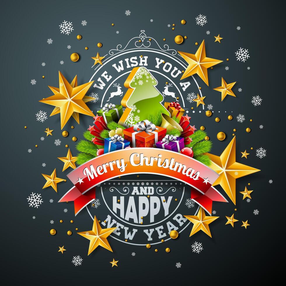 Merry Christmas and Happy New Year Banner Design with Gold Glass Ball, Star, Gift Box and Fir Branch on Black Background. Holiday Season Illustration with Typography Letter for Greeting Card vector