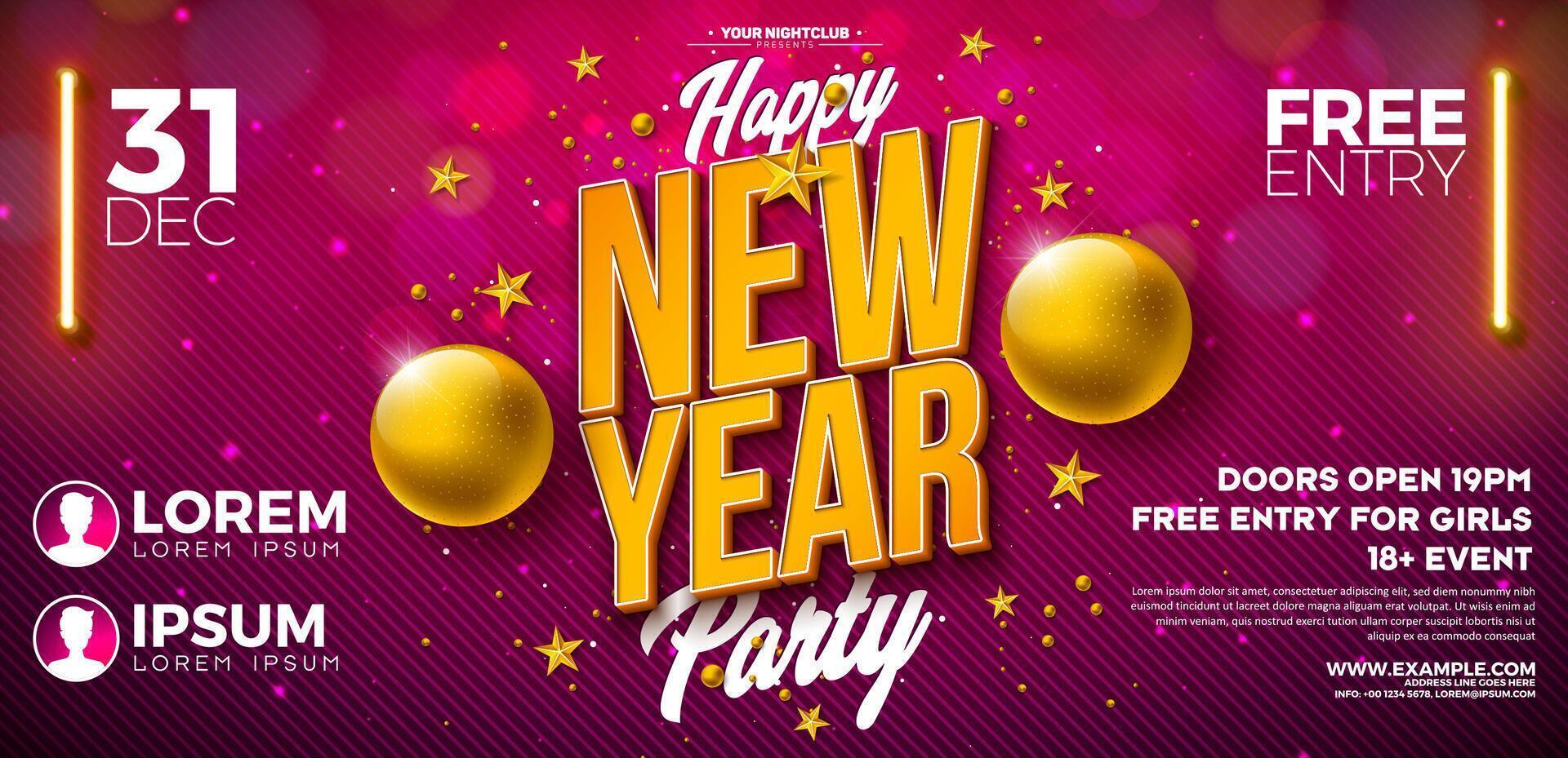 Happy New Year 2025 Party Banner Flyer Template Illustration with 3d Typography Lettering and Christmas Ball on Red Background. New Year Eve Celebration Holiday Design. Premium Invitation or vector