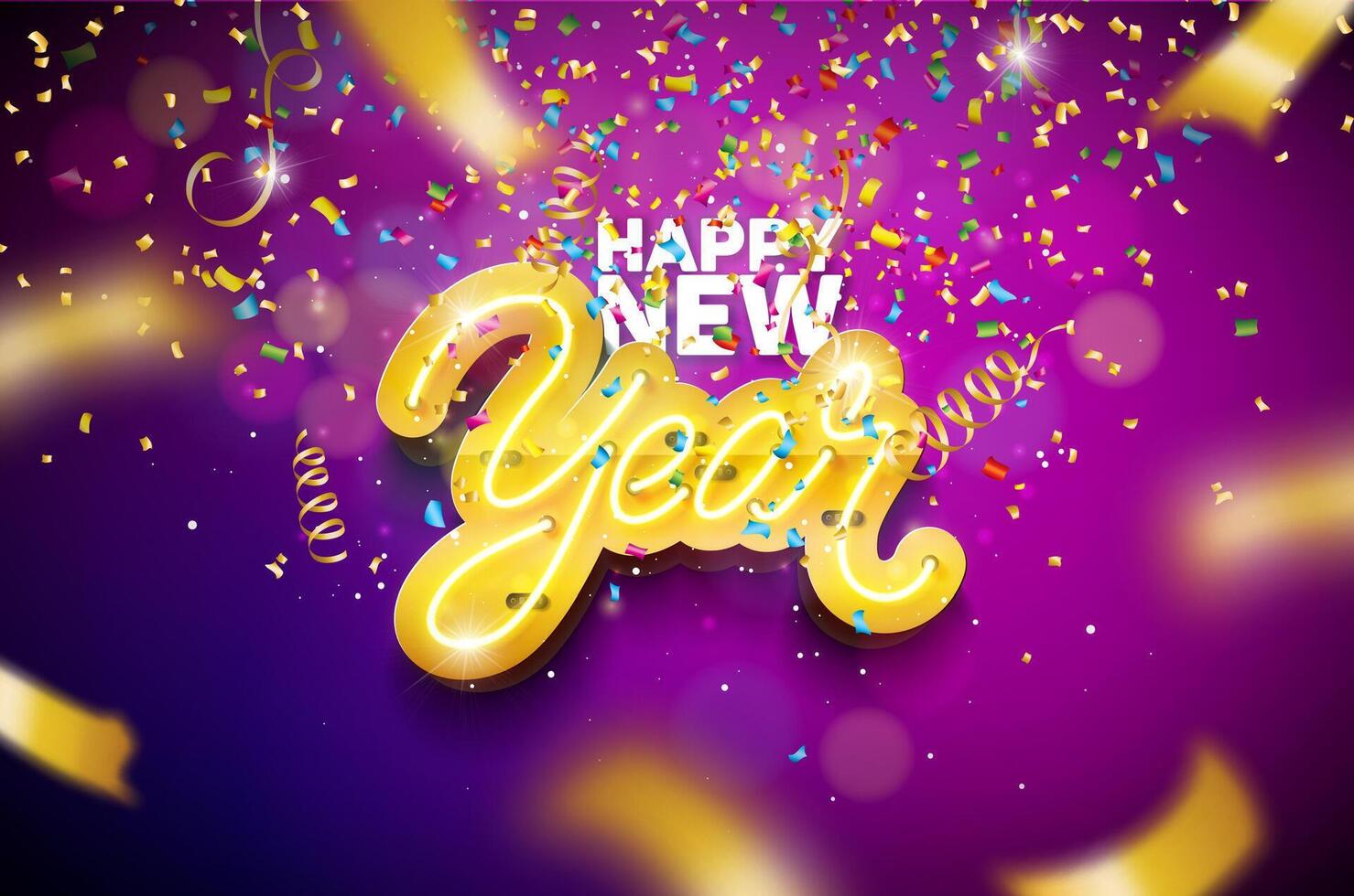 2025 Happy New Year Illustration with 3d Glowing Neon Light Billboard Typography Lettering, Falling Confetti and Serpentine on Purple and Blue Background. Holiday Design for Party Flyer, Celebration vector