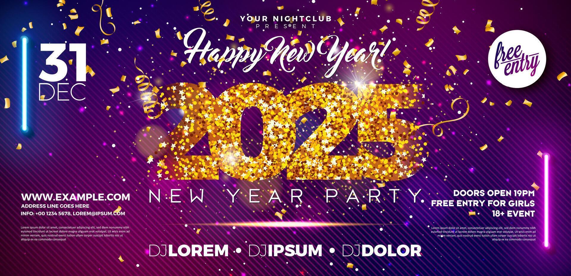 Happy New Year 2025 Party Banner Template Design with Glittered Number on Falling Confetti Background. New Year Eve and Christmas Holiday Celebration Flyer Illustration with Typography vector