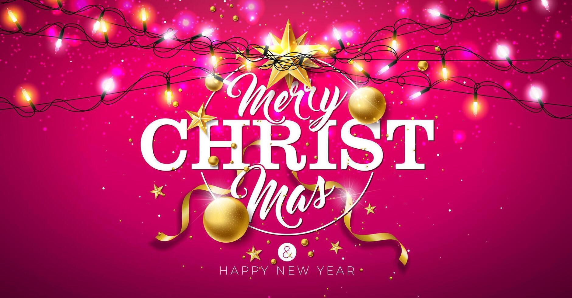 Merry Christmas and Happy New Year Illustration with Gold Glass Ball, Light Garland and Typography Letter on Red Background. Holiday Season Banner Design for Greeting Card, Party Flyer vector