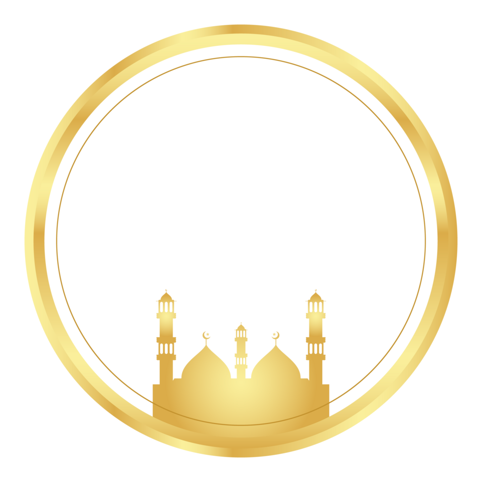 Golden circle frame text box with gold award ribbon icon anniversary badge with mosque golden art png