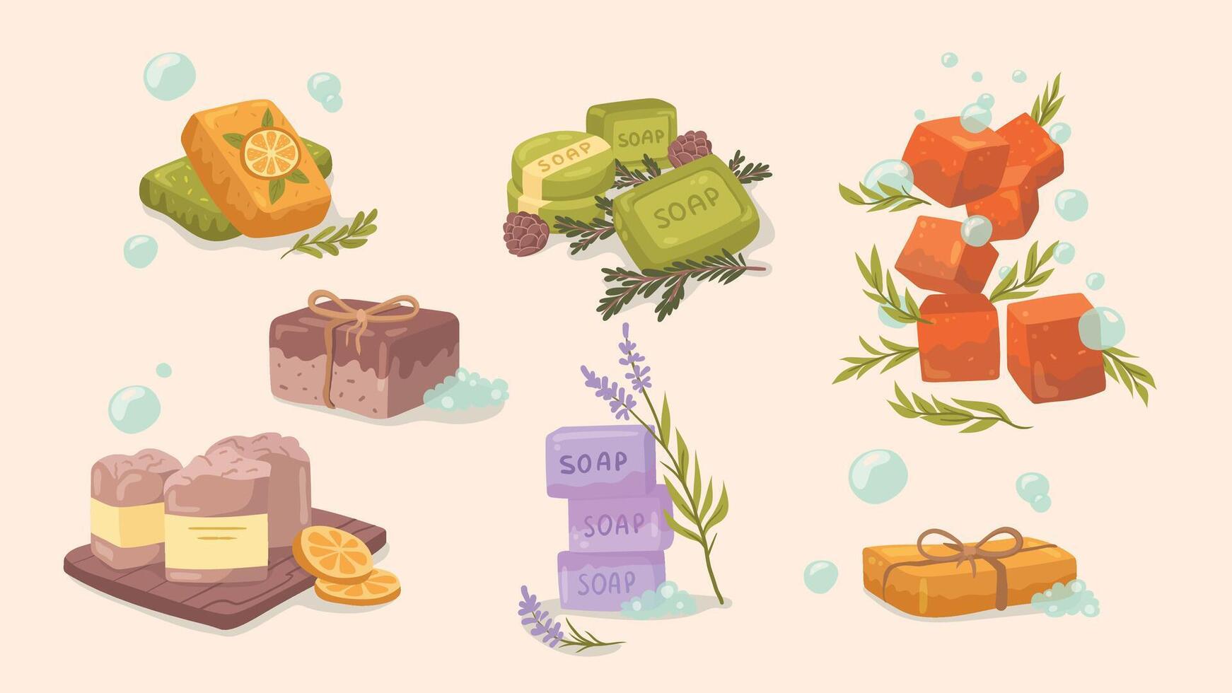 Bar of soap with foam set in cartoon style. Cosmetic product for hygienic vector