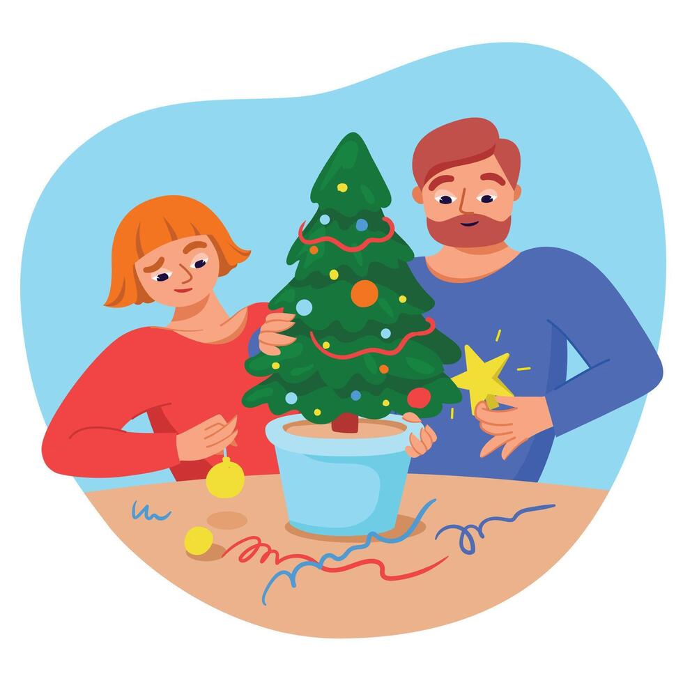 Husband and wife decorate a Christmas tree in pot vector