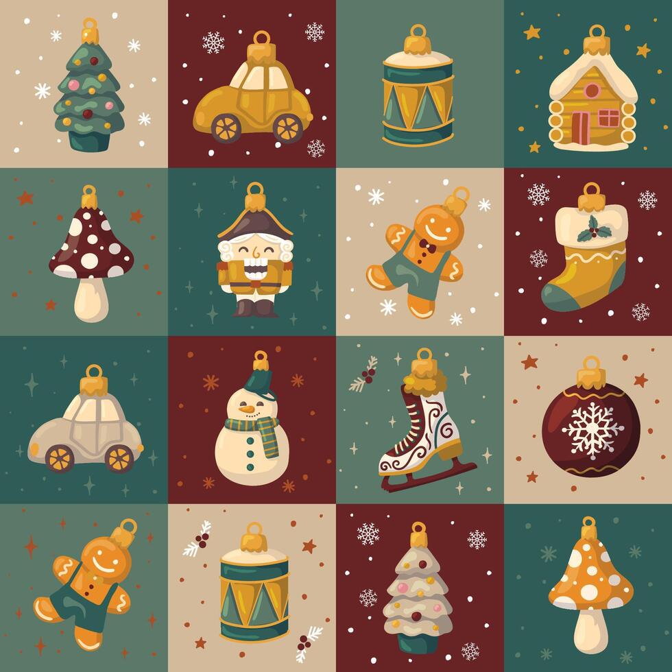 Cute retro seamless Christmas toys geometric pattern. vector