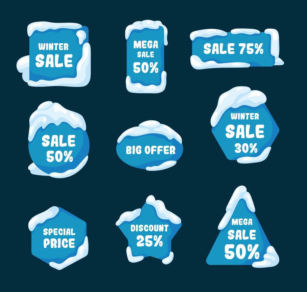 Banners with snow ice caps. Winter sales shapes. Christmas or New Year discount. vector