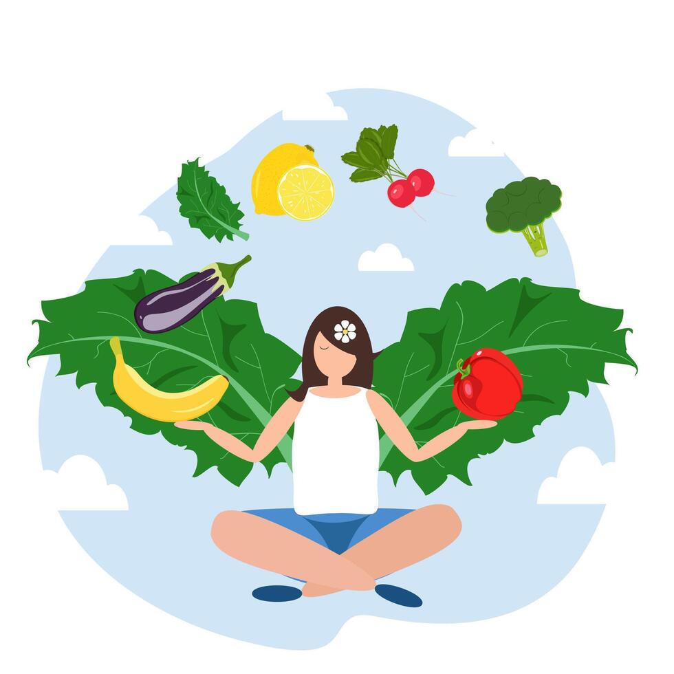 Woman in food balance with fruits and vegetables vector
